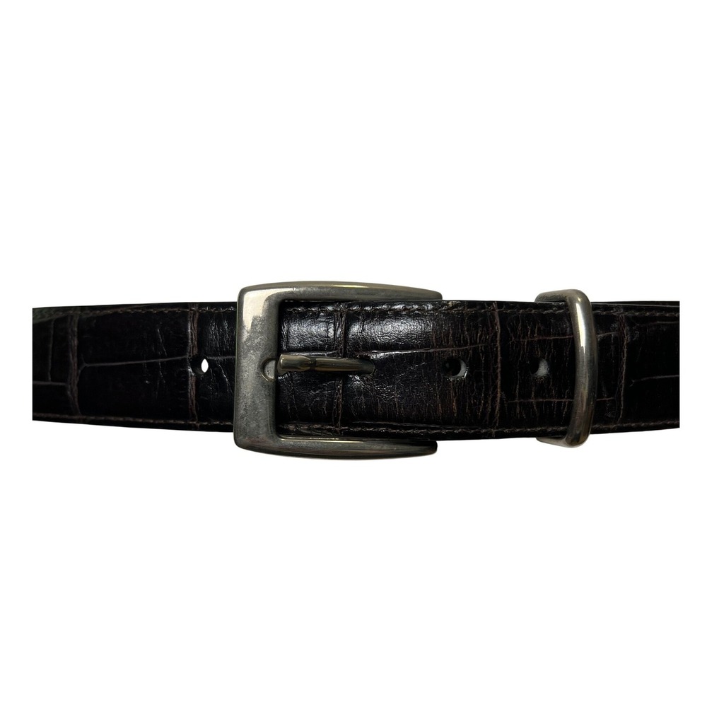 Tom James MCM Mens Brown Crocodile Embossed Leather Belt Silver Buckle‎ Italy 42